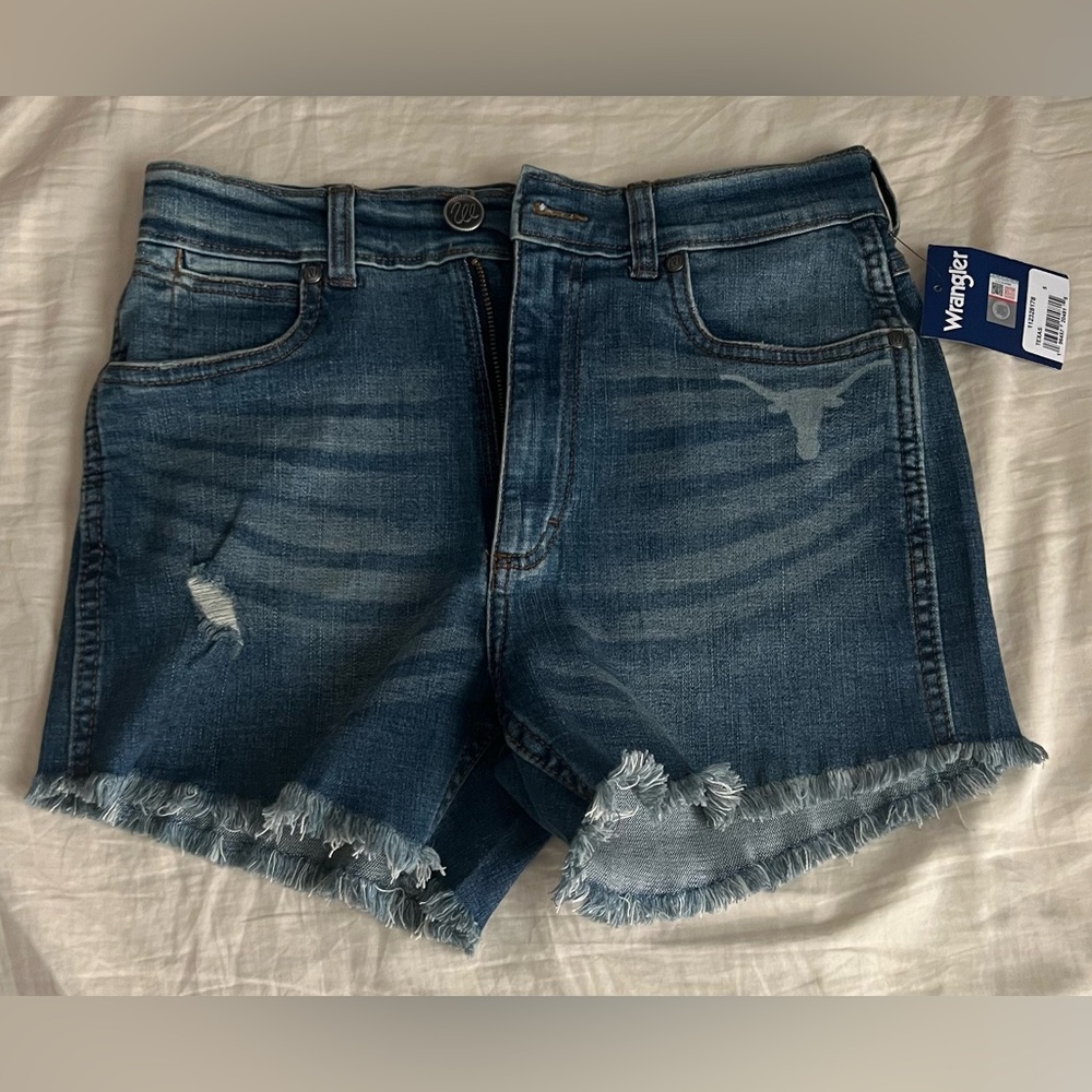WRANGLER WOMENS TEXAS LONGHORNS H8GH RISE CUT OFF DENIM JEAN SHORTS Size 5